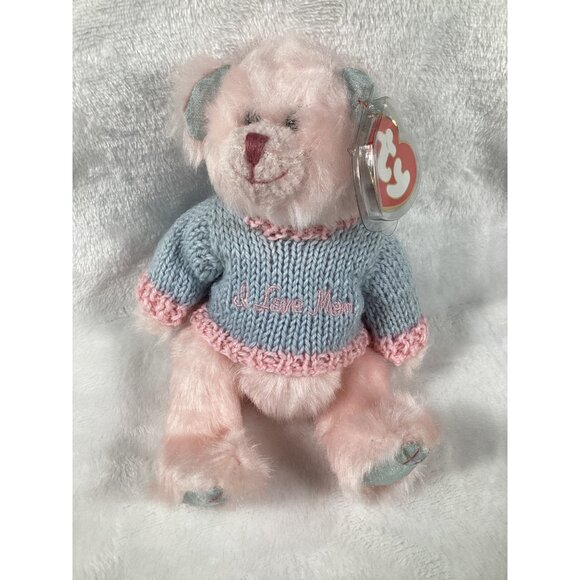 Ty Attic Treasures Collection 2001 I Love Mom  Bear Plush Pink With Sweater NWT - Picture 1 of 6